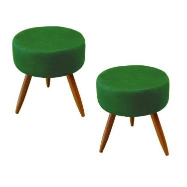 Imagem de Kit 02 Puffs Banqueta Redondo Classic Suede Verde Pés Madeira Palito -