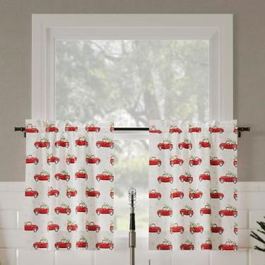 Imagem de No. 918 Camionete de Natal, pacote com 2, semitransparente, com bolso de haste, cortina de cozinha, 137 x 61 cm, vermelho natalino