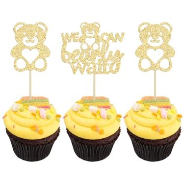Imagem de Gyufise 24 peças We Can Bearly Wait Toppers de Cupcake de Urso Glitter Dourado Palitos de Cupcake para Revelação de Gênero Tema de Bebê Chá de Bebê Infantil Festa de Aniversário Suprimentos de Decorações de Bolo