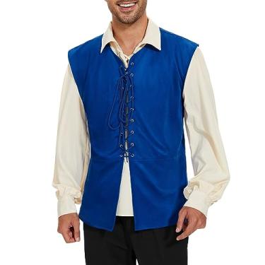 Imagem de American Trends Fantasia renascentista masculina pirata colete viking renascentista steampunk fantasia medieval masculina, Azul, M