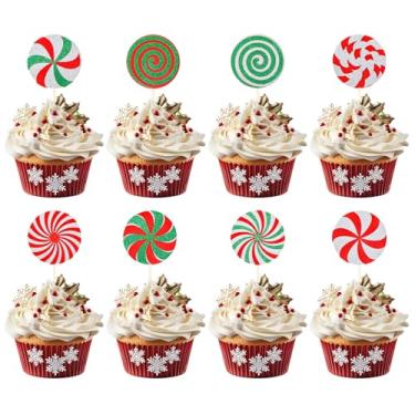 Imagem de Whaline 24Pcs Christmas Cupcake Toppers Red Green Glitter Xmas Peppermint Candy Cupcake Picks for Xmas Holiday New Year Gathering Celebration Birthday Party Cake Decoration Supplies, 8 Styles