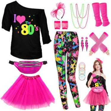 Imagem de WlLDPARTY Conjunto de acessórios de fantasia feminina anos 80, camiseta, leggings, saia tutu, pochete para faixa de cabeça, luvas arrastão, Leggings coloridas plus, Small