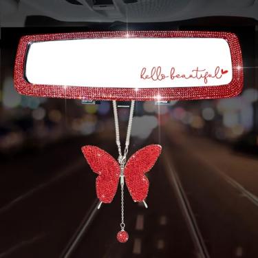 Imagem de Forala 3 pacotes de espelhos retrovisores de carro brilhantes com borboleta de cristal acessórios para mulheres interior universal clipe grande angular espelho retrovisor (vermelho)