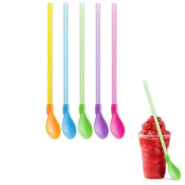 Imagem de 25 canudos de colher de plástico 2 em 1, canudos destacáveis de 24 cm para mexer, colher de café, canudos longos de milkshake reutilizáveis para beber cone de neve, sorvete, cores sortidas