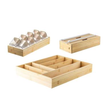 Imagem de Kit Organizador De Gaveta Com 01 Porta Temperos + 01 Porta Rolos + 01 Organizador Talheres Em Bambu Ou