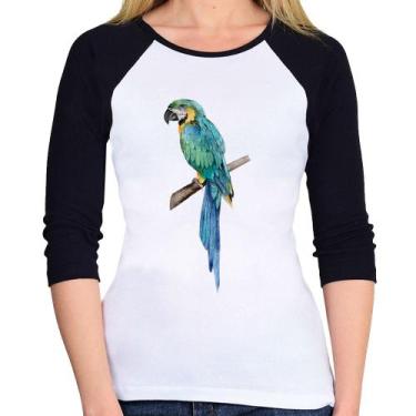 Imagem de Baby Look Raglan Arara Azul Manga 3/4 - Foca na Moda, Branco, Preto, G