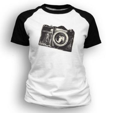 Imagem de Camiseta feminina - Câmera Fotográfica - DASANTIGAS, Branco, Preto, M