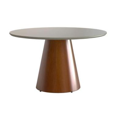 Imagem de Mesa de Jantar Redonda Liz Base Cone Amadeirado Tampo Vidro Off White 