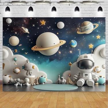 Imagem de Espaço sideral universo astronauta decoração festa de aniversário pano de fundo menino 1º aniversário balões festa fotografia fundo menino menina chá de bebê adereços de estúdio (2,7 x 1,8 m)