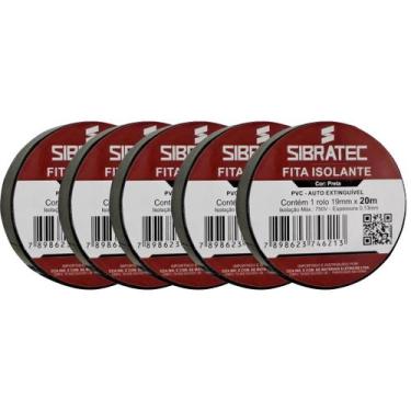 Imagem de Kit 5 fita isolante preta 19mm x 20mt sibratec