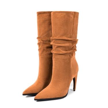 Imagem de Rock88 Botas femininas de salto alto, cano médio, camurça plissada, bico fino, salto alto, bota elegante para passarela e dia casual, café, 39