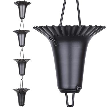 Imagem de Rain Chains Pacific - Copo de flor de corrente de chuva - 2,6 m de comprimento - Revestimento em pó preto de alumínio - Correntes de chuva de alta qualidade para calhas