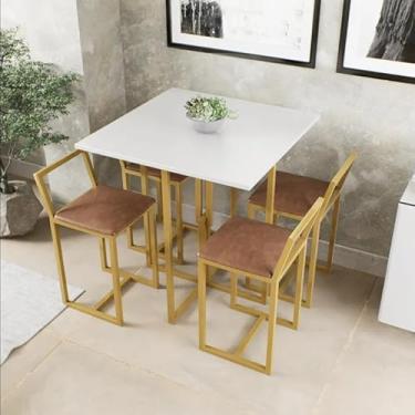 Imagem de Conjunto de Mesa Branca 4 Cadeiras Pequena Estofado Industrial Dourado (Marrom)