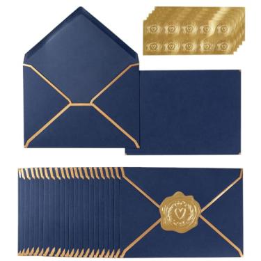 Imagem de Pacote com 100 envelopes A7 5 x 7 envelopes de cartão envelope com aba em V com borda dourada para escritório, cartões de presente de casamento, convites, formatura, chá de bebê, festas (13 x 18 cm, azul marinho)