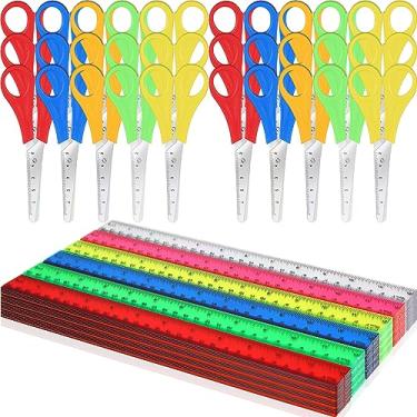 Imagem de Kit de 60 peças de material escolar a granel inclui 30 tesouras de segurança para estudantes com ponta cega para crianças, 30 peças, réguas de plástico de 30 cm, material de volta às aulas para sala