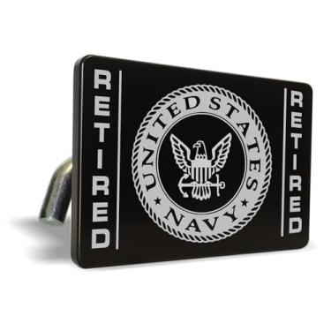 Imagem de Produto oficialmente licenciado] – aposentado da Marinha dos EUA – Boleto de alumínio anodizado de qualidade premium gravado a laser resistente a UV para reboque/capa de engate de reboque para