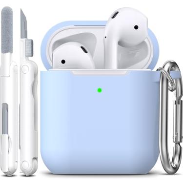 Imagem de R-fun Capa protetora compatível com AirPods, capa protetora de silicone macio com chaveiro para mulheres e homens, compatível com Apple AirPods 2ª geração, LED frontal visível, azul celeste