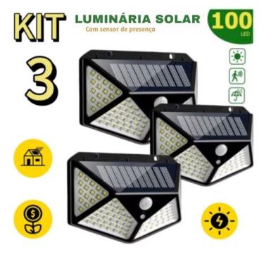 Imagem de Kit Luminária Energia Solar Parede 100 LEDs Sensor 3 Funções - HKX