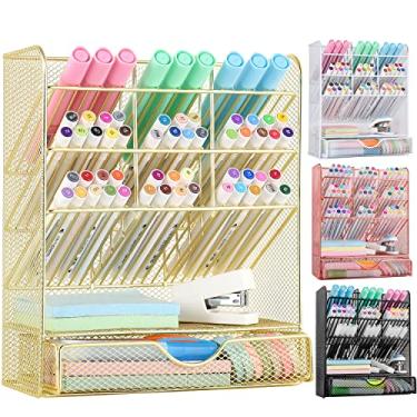 Imagem de Spacrea Organizador de caneta de malha – suporte de lápis para mesa, organizador de mesa com gaveta para escola, casa, materiais de arte (ouro)