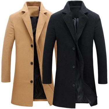 Imagem de Trench Coat masculino, casaco de lã masculino da moda cor sólida lapela de peito único casaco longo jaqueta casual outono e inverno plus size, Nero, XL