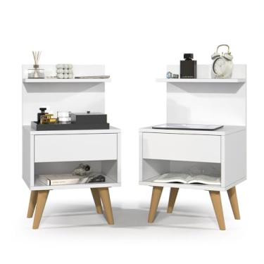 Imagem de Kit 2 Mesa de Cabeceira Quarto Mesinha Apoio Lateral Cama Box Casal Estilo Nicho Decoração Retrô Sleep 1 Gaveta (Branco)