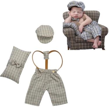 Imagem de Vomdrok Newborn Photography Props Outfits Cute Overalls Hat Romper Bowtie Set Infant Baby Boy Girl Photoshoot Props Costume ﻿ (Light khaki)