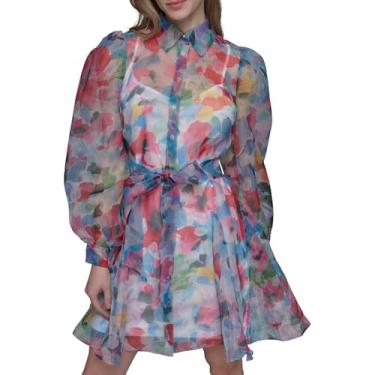 Imagem de KARL LAGERFELD Lindo vestido camisa de manga comprida feminino, Multi hortênsia branco/azul macio/azul, 42