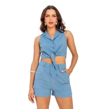 Imagem de Sml Fashion Conjunto Cropped Nó E Shorts Premium Tendencia, P, Azul be