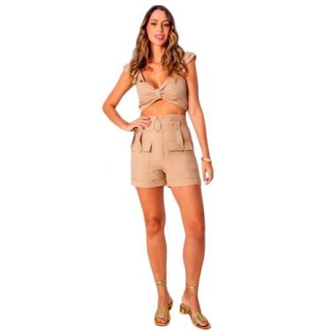 Imagem de Conjunto feminino shorts saia e top cropped em crepe de alfaiataria - 