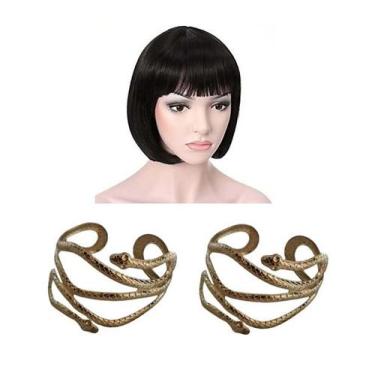 Imagem de Fantasia Egípcia C/ 1 Peruca Preta e 2 Braceletes Cobra - CM Presentes