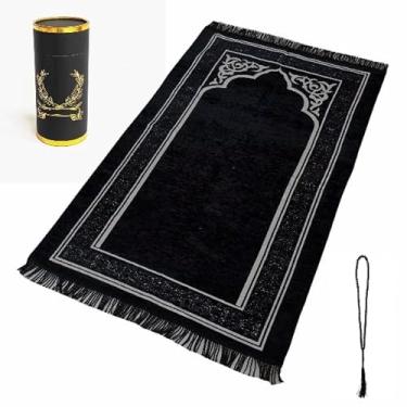 Imagem de Tapete de oração muçulmano com contas de oração caixa de presente cilíndrica – Janamaz islâmico macio premium para homens e mulheres, tapete de oração islâmico turco para Ramadã, Eid, Hajj, viagens