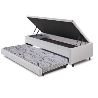 Imagem de Bicama Box com Baú Solteiro Courino Linho Branco 88x188 com Colchão Auxiliar Ecoflex