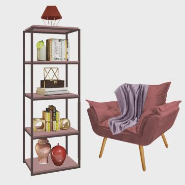Imagem de Kit Poltrona Fatte com Manta Soft Lilás e Estante Livreiro Ferro Marrom mdf Rose Suede Rose Gold - Ahazzo Móveis
