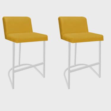 Imagem de Kit 02 Banquetas Com Encosto Noah Luxo Confort Bistrô Cozinha Ferro Branco Corino Amarelo - Ahazzo Móveis