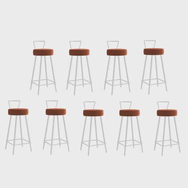 Imagem de Kit 09 Banqueta Alta Com Encosto Tais Eiffel Cozinha Bar Bistrô Ferro Branco Sintético Laranja - Ahazzo Móveis