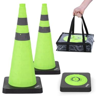 Imagem de BATTIFE [Pacote com 2] Cones Verdes Dobráveis de Segurança no Trânsito de 71 cm com Base Preta Ponderada, Cones Pop-up Multiusos e Colarinho Refletivo, para Estacionamento na Estrada, Prática de