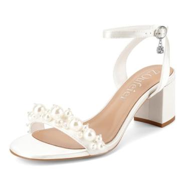 Imagem de Z.Oufeier Sandália feminina branca pérola grossa salto bloco bico aberto vestido de noiva cetim noiva sapatos de formatura 6 cm, Branco, 35