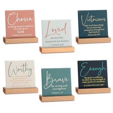 Imagem de Yousoontic 6 peças de presente de Páscoa em massa cristã decoração de mesa versículo bíblico citações inspiradoras placa de mesa placa de cerâmica com suporte de madeira para escritório mulheres dia