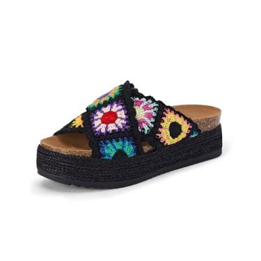 Imagem de Coutgo Sandálias Femininas De Plataforma, Alpargatas, Flatform, Cortiça, Floral, Crochê, Bico Aberto, Praia, Verão