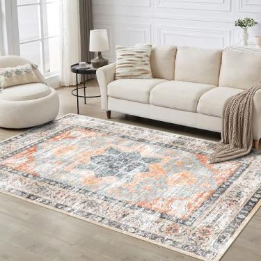 Imagem de Tapete de 7,5 x 12,7 cm, pequeno para sala de estar, quarto, cozinha, lavável na máquina, tapete antiderrapante, tapete floral envelhecido vintage para entrada, berçário, sala de jantar, laranja