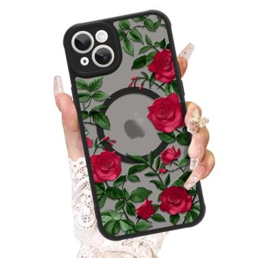 Imagem de AIGOMARA Capa para iPhone 15 Plus, compatível com MagSafe, linda estampa de flor rosa com capa de telefone fosca semitransparente para mulher Gilrs TPU macio e PC capa protetora traseira fina vermelha