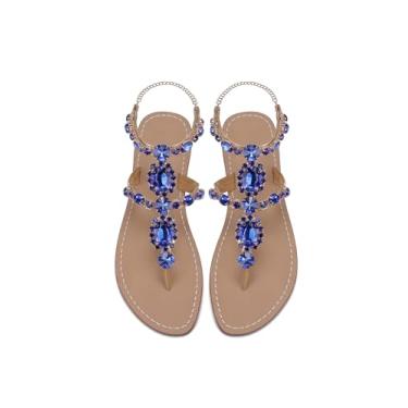 Imagem de ZhuLinFeng Sandálias Femininas Gladiadoras Com Strass Para Madrinhas, Azul Safira, Sapatos Baixos Para Casamento Na Praia, Chinelos Com Pedras Preciosas, Pérolas Brilhantes, Sandálias Para Madrinhas
