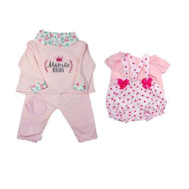 Imagem de Kit Roupinha Bebê Reborn Jardineira + Pijama 5 Peças Rosa - Mamãe Rebo