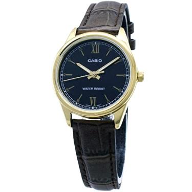 Imagem de Casio LTP-V005GL-1B2 Relógio social analógico feminino dourado com pulseira de couro marrom e mostrador preto, Movimento de quartzo