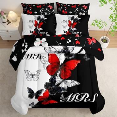 Imagem de AILONEN Conjunto de edredom solteiro Mr Mrs, preto e branco, cama macia de 7 peças, borboleta vermelha e preta, lençol de cima, 2 fronhas, 2 fronhas para quarto
