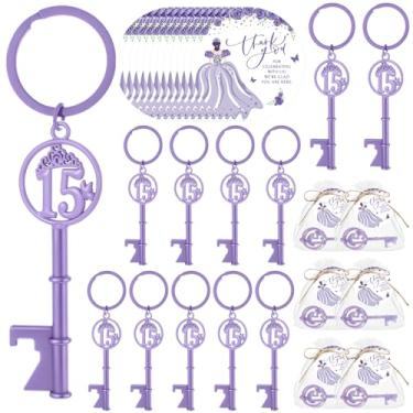 Imagem de Sliner 50 conjuntos de lembrancinhas de festa de quinze anos para convidados, chaveiro de aniversário de 15 anos, abridor de garrafas de 15 anos, etiquetas de agradecimento, presente de quinze anos