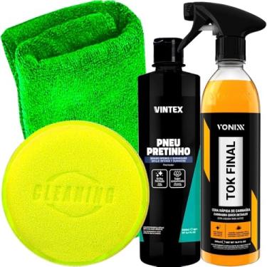 Imagem de Kit Estética Automotiva Tok Final Pretinho Pneu Aplicador Espuma Toalha Microfibra