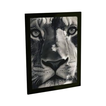 Imagem de Quadro Decorativo Leão Ilustração Olhar Close Preto Branco Decoração Poster Quarto Sala