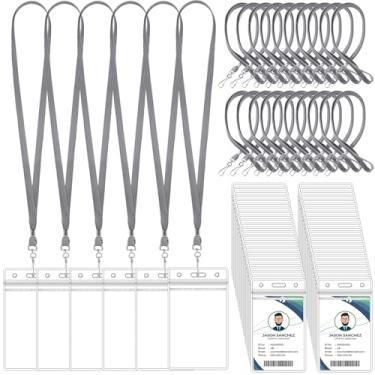 Imagem de Marspark Conjunto de 100 cordões de etiqueta de nome com suporte de identidade, crachás de identificação transparentes, prendedor a granel, porta-cartões de plástico à prova d'água para adultos,