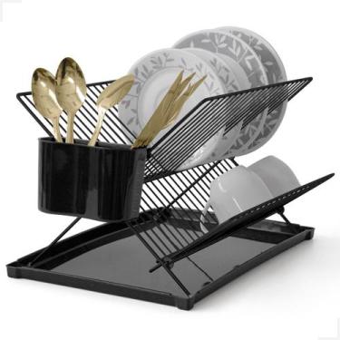 Imagem de Escorredor de Louça Dobrável Preto Com Porta Copos Secador de Talheres